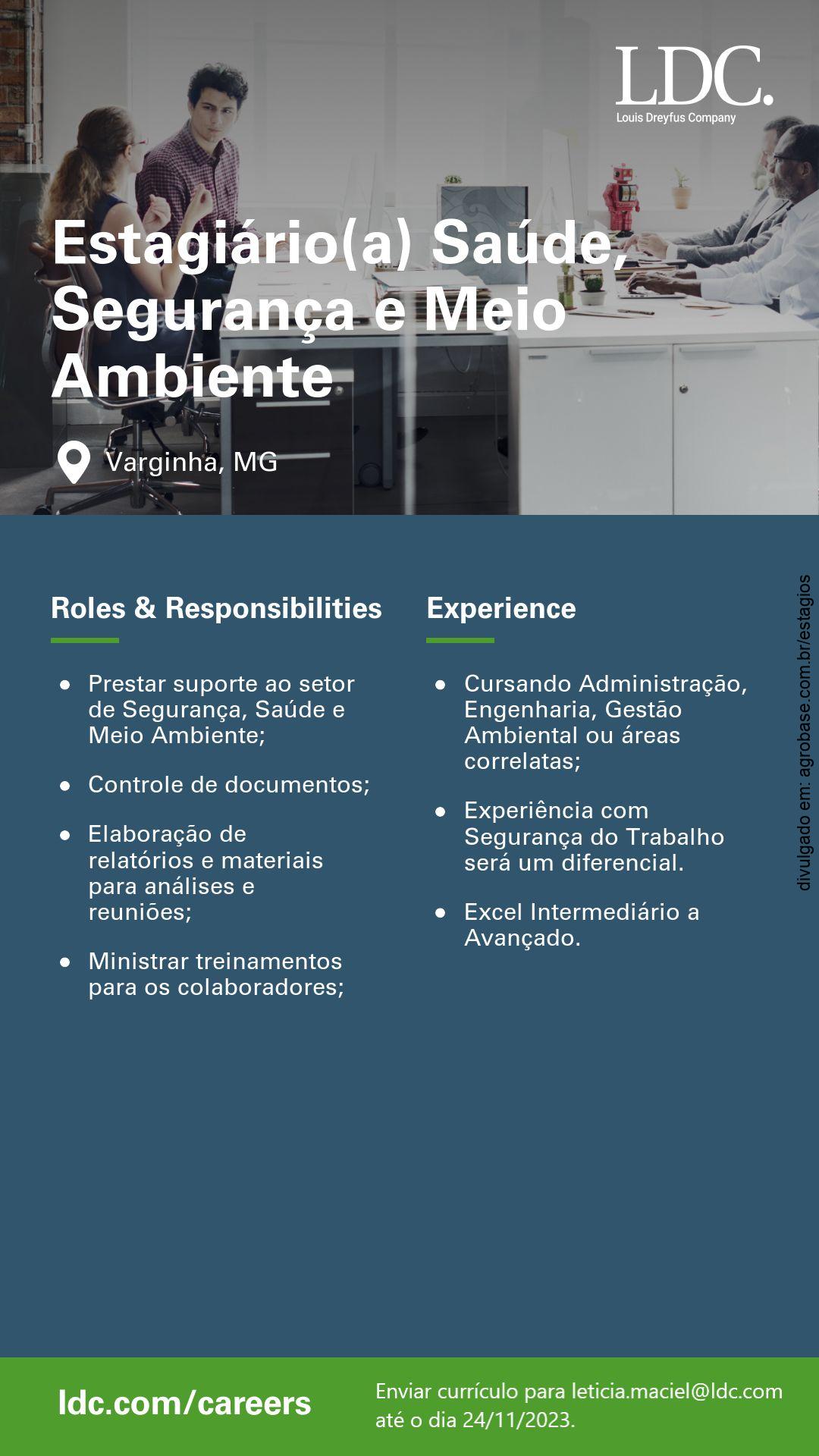 Estagiário seg. do trabalho e meio ambiente – Varginha/MG