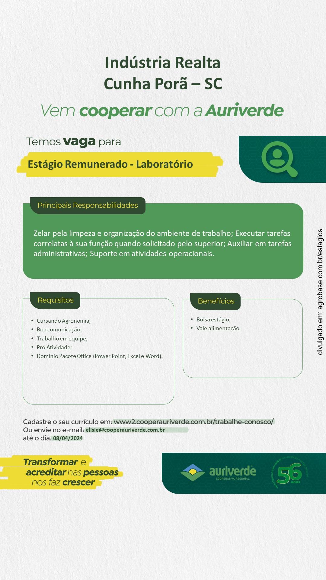 Estagiário remunerado laboratório – Cunha Porã/SC