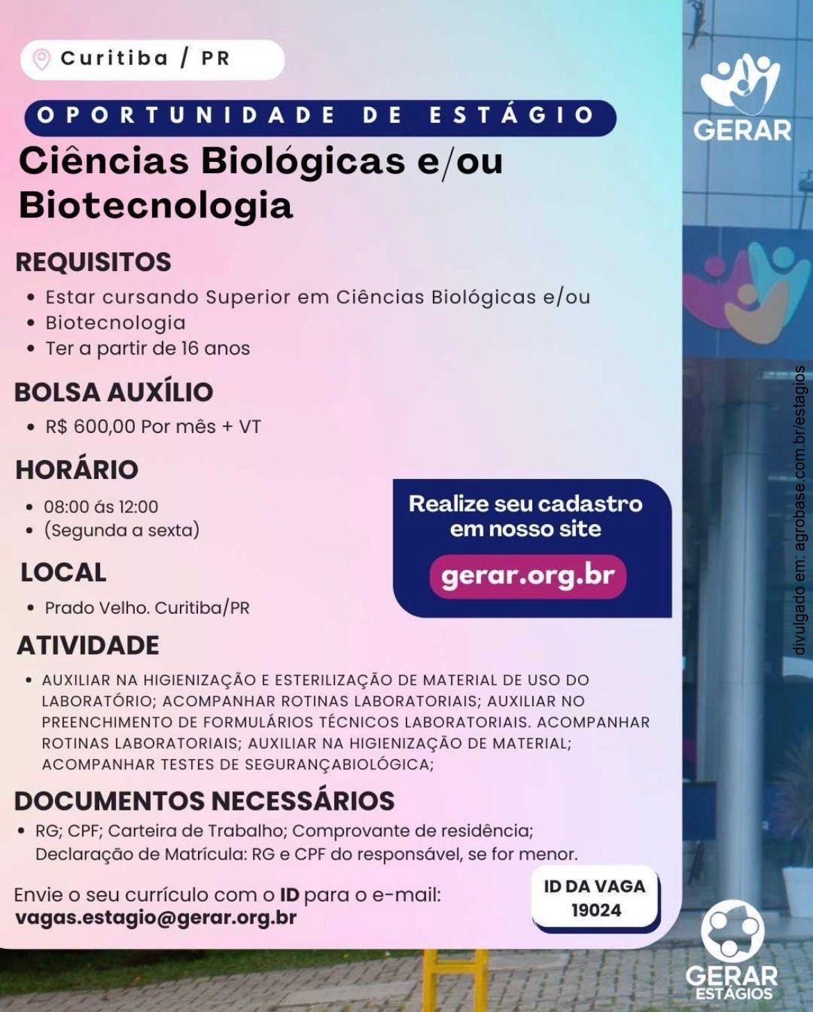 Estágio em ciências biológicas e/ou biotecnologia – Curitiba/PR [manhã]