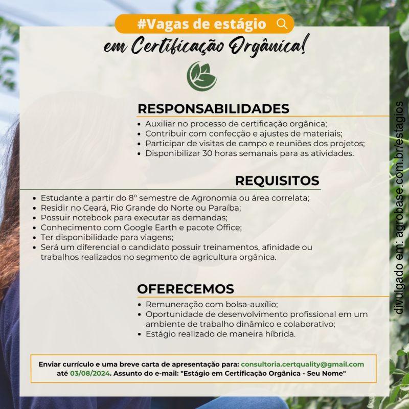 Estágio em certificação orgânica – CE, RN ou PB