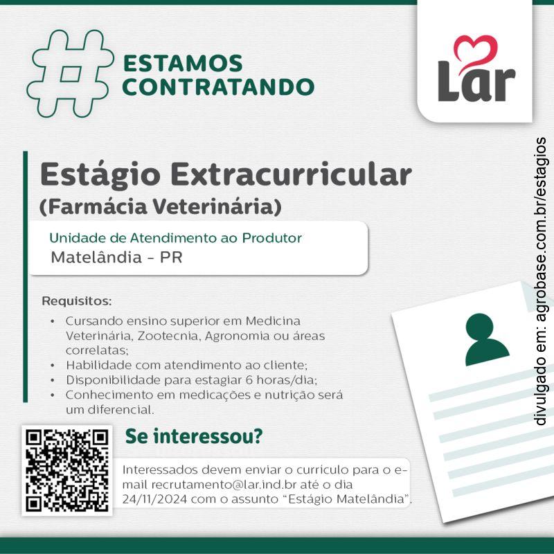 Estágio extracurricular (farmácia veterinária) – Matelândia/PR