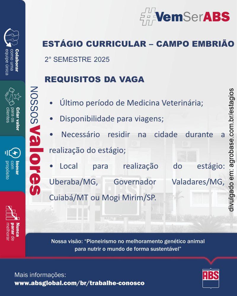 Estágio curricular campo embrião – Cuiabá/MT, Mogi Mirim/SP Uberaba ou Governador Valadares/MG