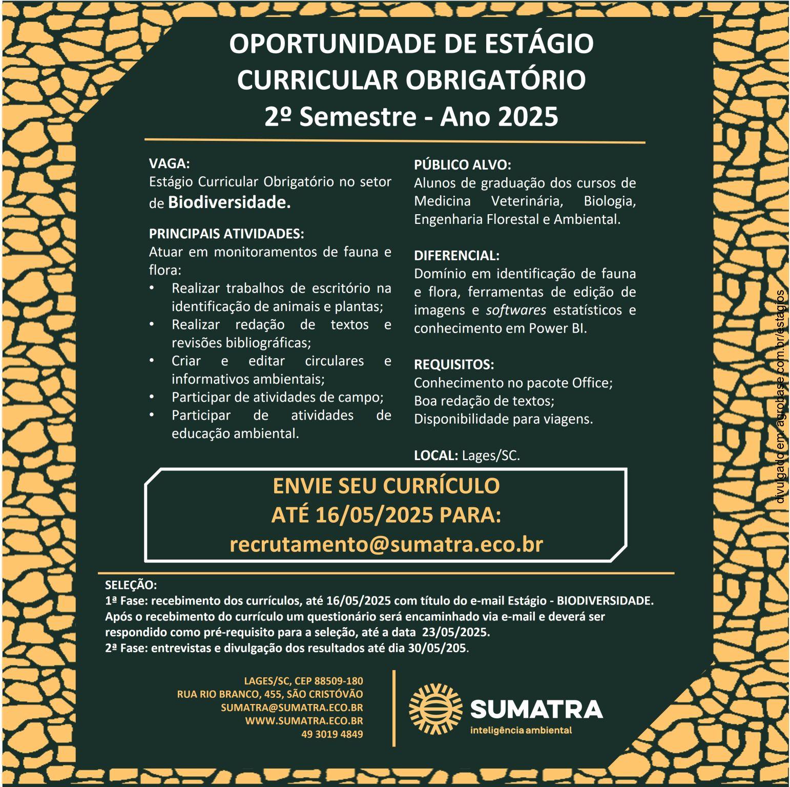 Estágio curricular obrigatório em biodiversidade – Lages/SC