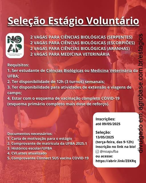 08 vagas de estágio voluntário (animais peçonhentos) – Salvador/BA
