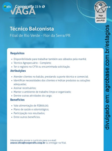 Técnico balconista – Flor da Serra/PR