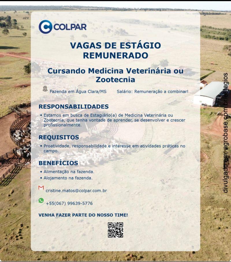Estágio remunerado veterinária ou zootecnia – Água Clara/MS