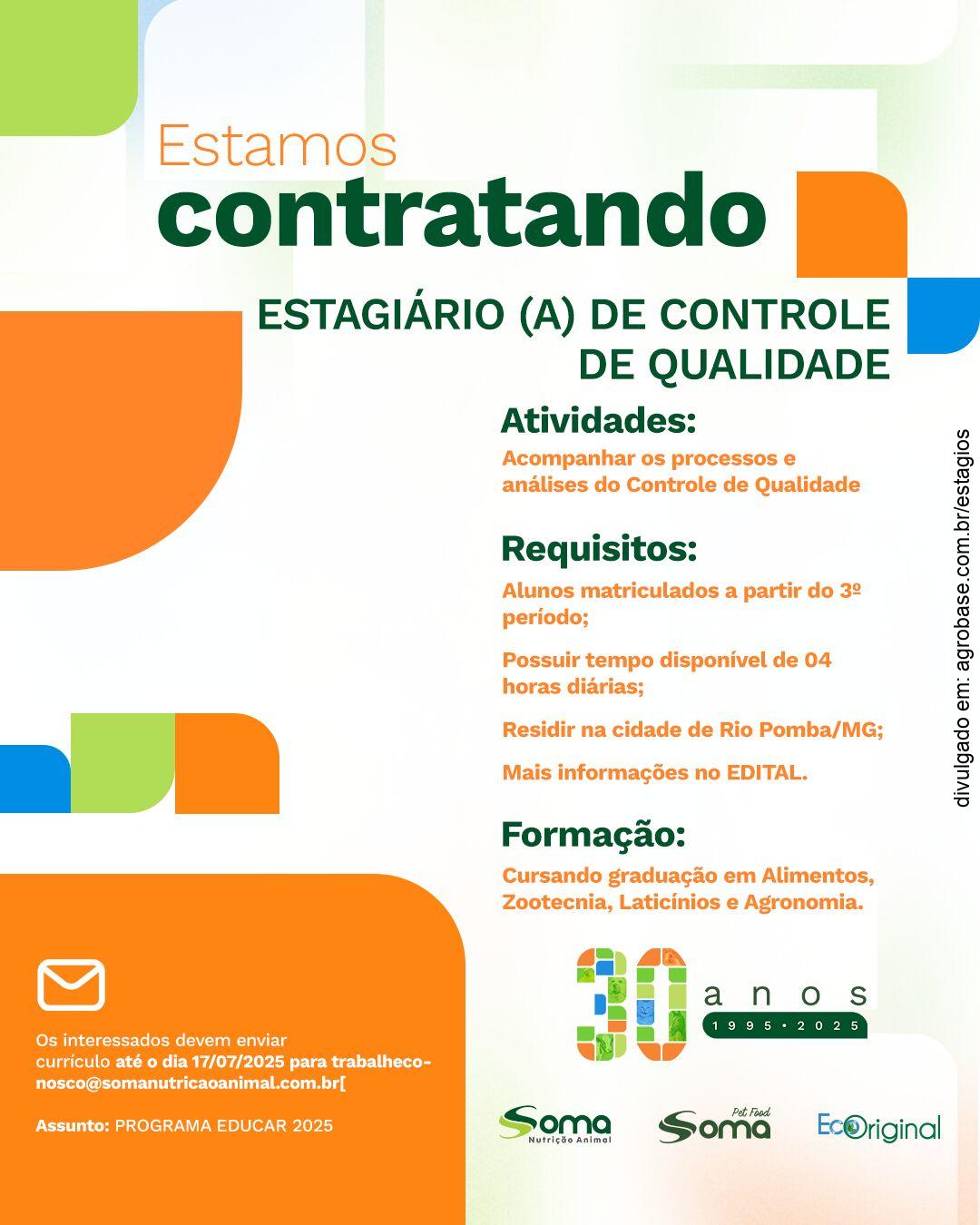 Estágio em controle de qualidade – Rio Pomba/MG