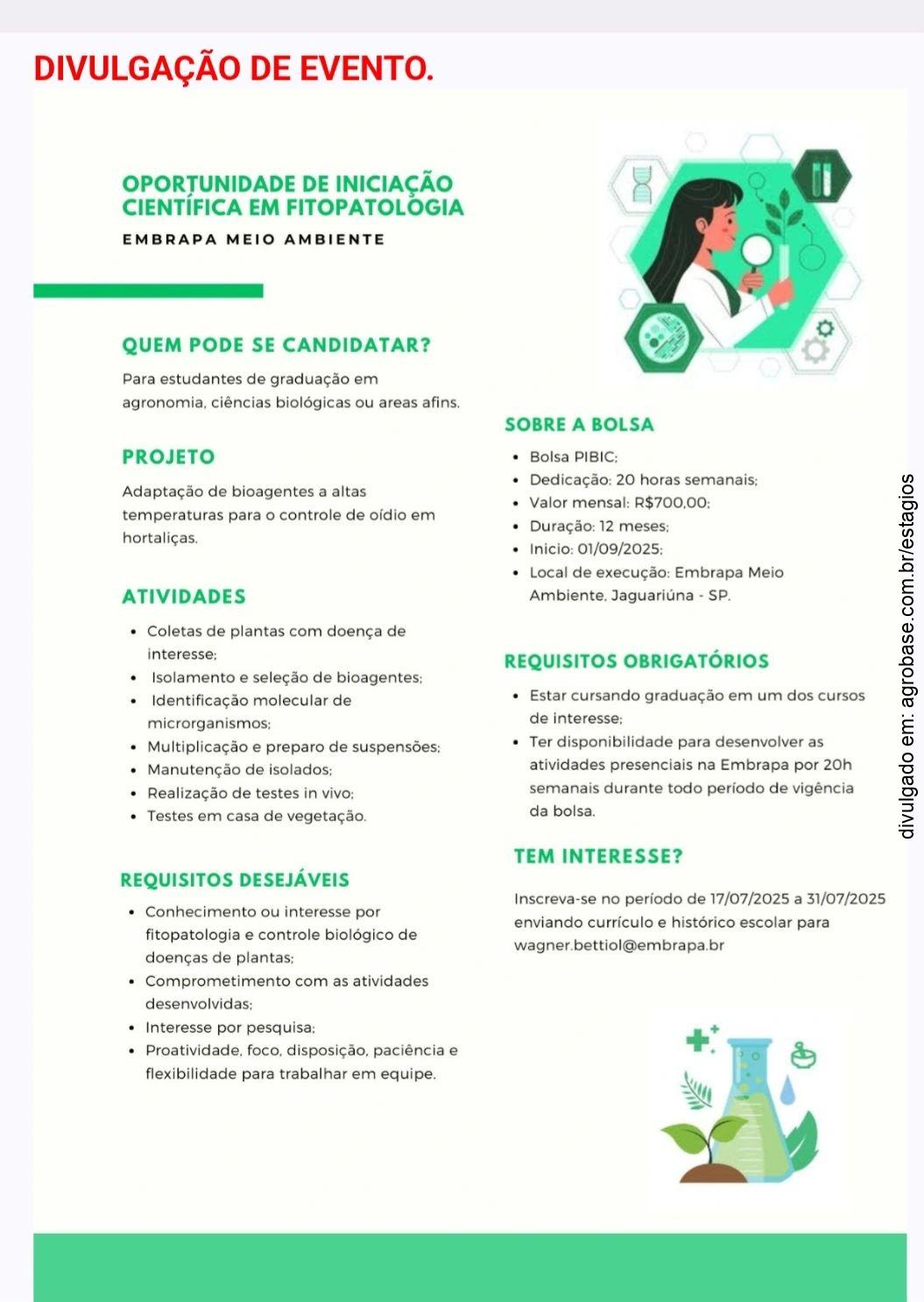 Oportunidade de iniciação científica em fitopatologia – Jaguariúna/SP