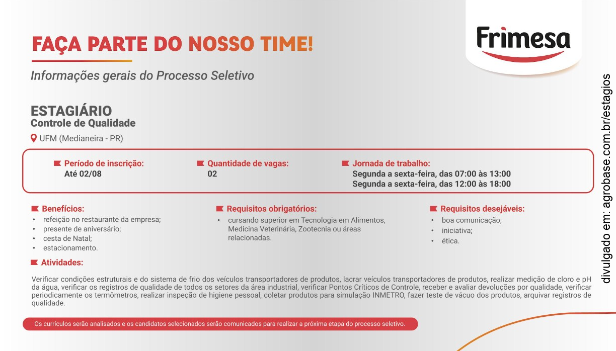 02 vagas de estágio em controle de qualidade – Medianeira/PR