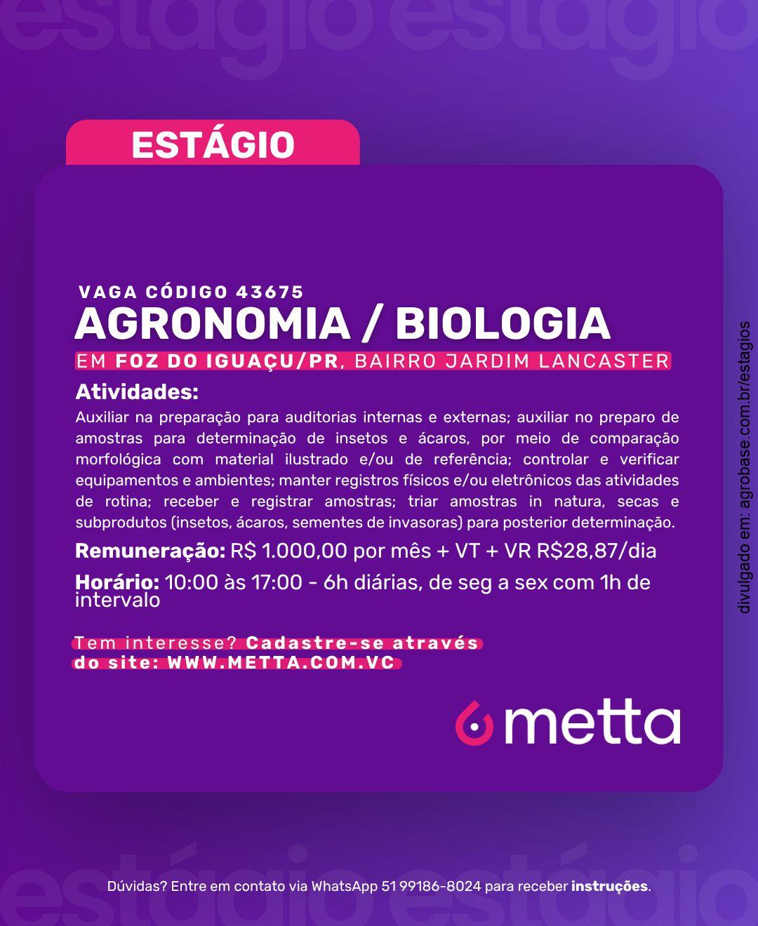Estágio em agronomia ou biologia – Foz do Iguaçu/PR
