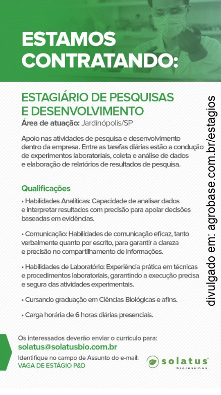Estagiário de pesquisas e desenvolvimento – Jardinópolis/SP
