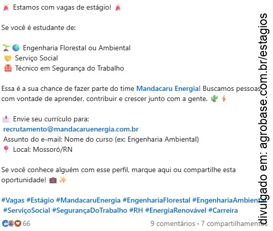 Estágio na Mandacaru Energia – Mossoró/RN