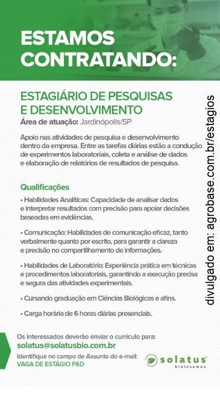 Estagiário de pesquisas e desenvolvimento – Jardinópolis/SP