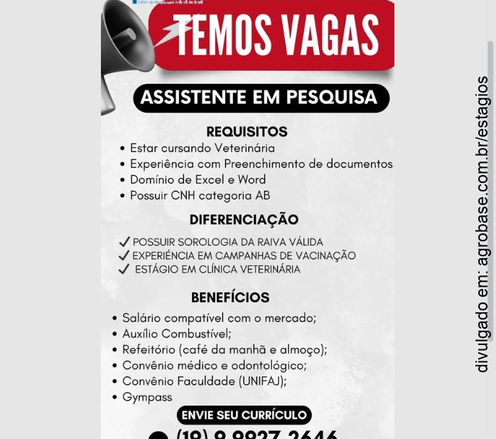 Estágio assistente em pesquisa – Santo Antônio de Posse/SP