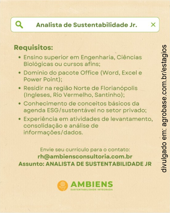 Estágio analista de sustentabilidade júnior – Florianópolis/SC [zona norte]