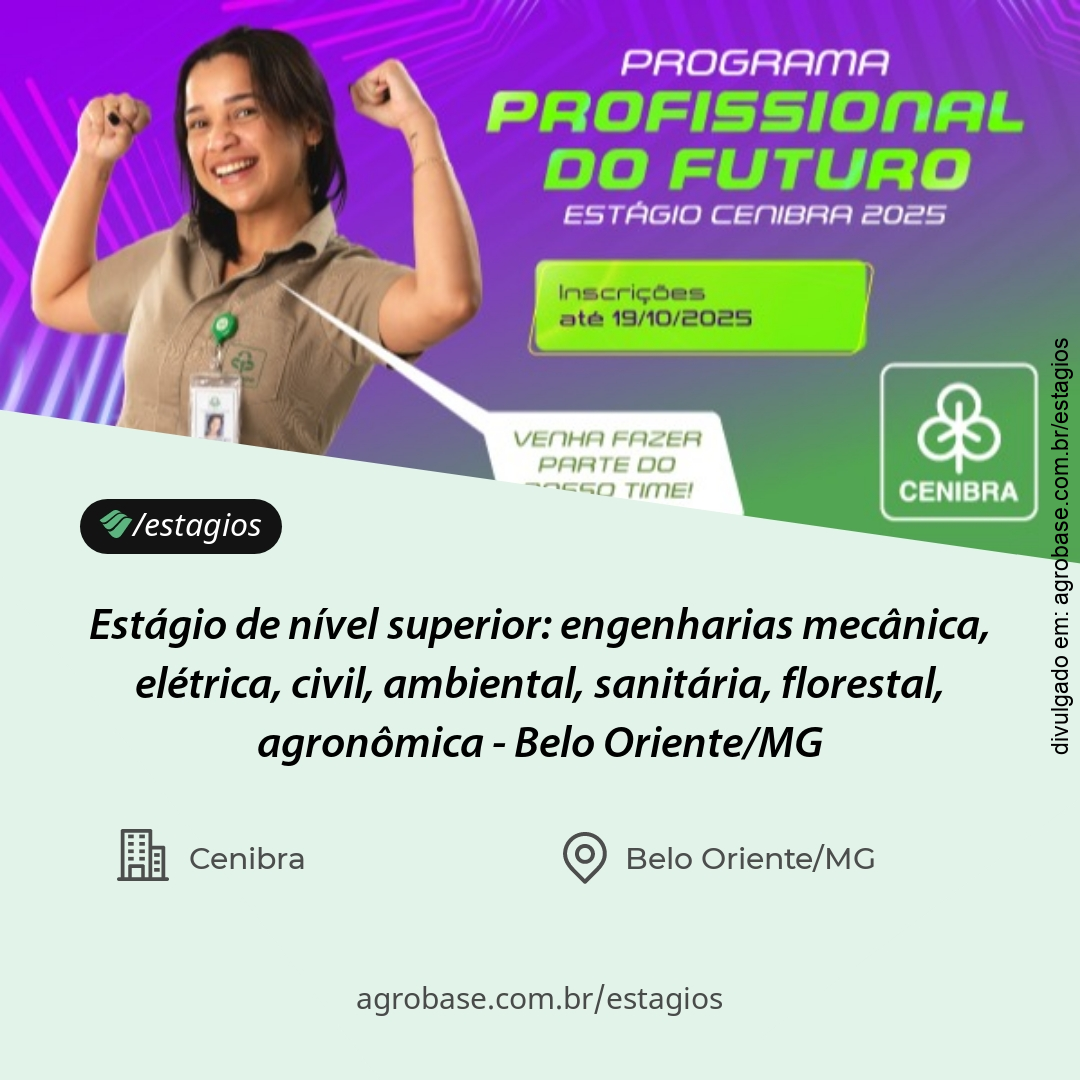 Estágio de nível superior: engenharias mecânica, elétrica, civil, ambiental, sanitária, florestal, agronômica – Belo Oriente/MG