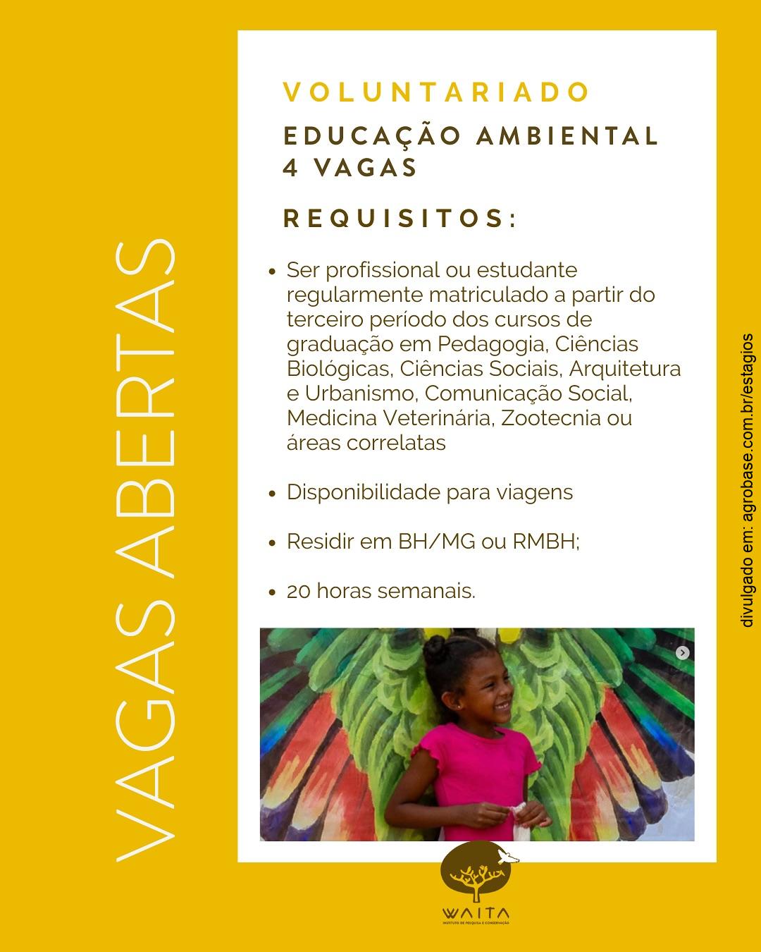 4 vagas de estágio voluntariado educação ambiental – Belo Horizonte/MG