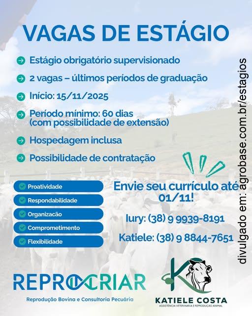 02 vagas de estágio medicina veterinária – Vale do Jequitinhonha e região sul BA