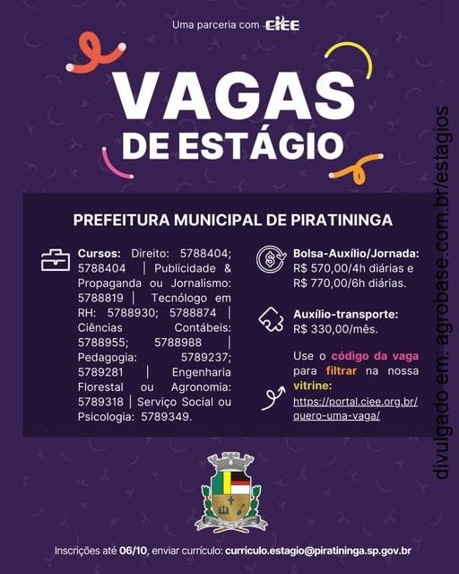 Vagas de estágio em diversas áreas – Piratininga/SP