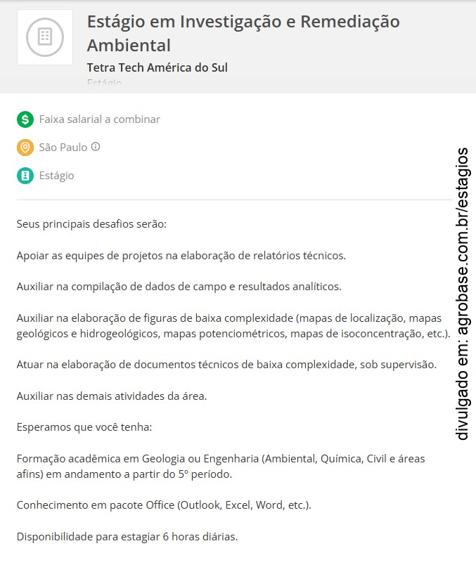 Estágio em investigação e remediação ambiental – São Paulo/SP
