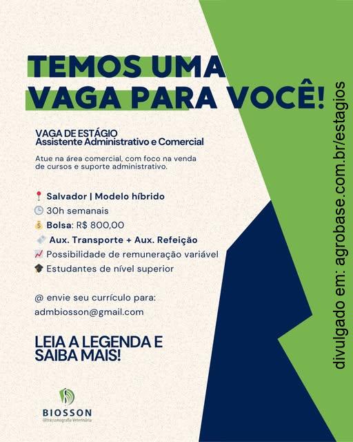 Estágio assistente administrativo e comercial – Salvador/BA (híbrido)