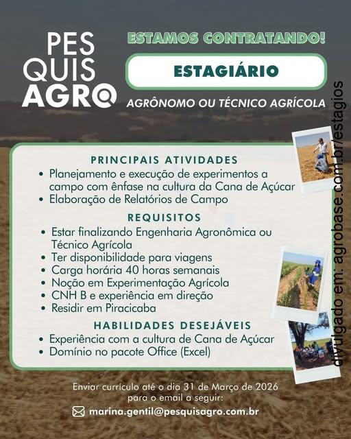 Estágio em engenharia agronômica ou técnico agrícola – Piracicaba/SP