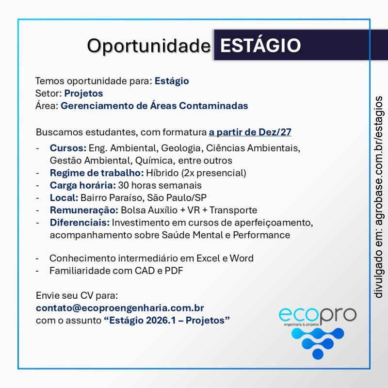 Estágio em gerenciamento de áreas contaminadas – São Paulo/SP (híbrido)