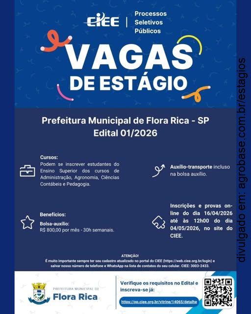 Estágio para estudantes de administração, agronomia, ciências contábeis e pedagogia – Flora Rica/SP