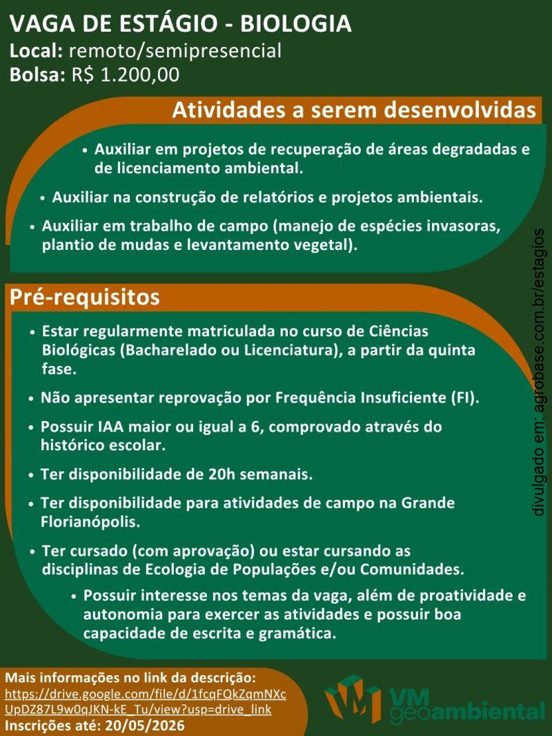 Vaga de estágio em biologia – SC [remoto/ semipresencial]