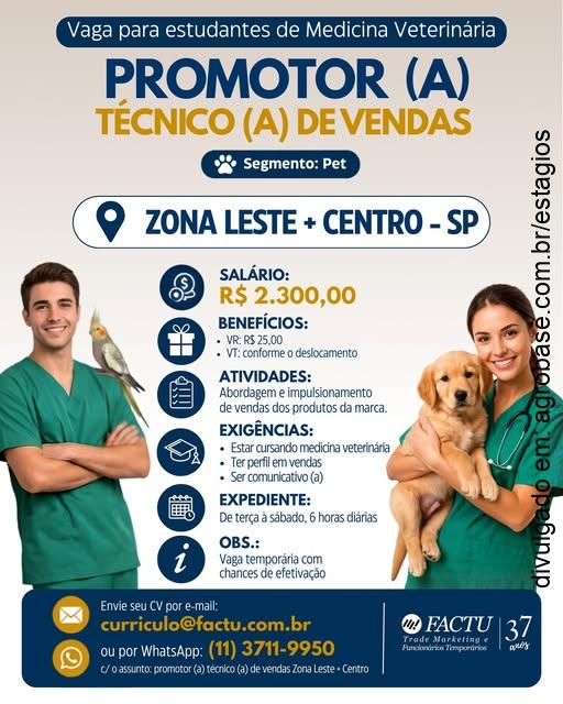 Promotor técnico de vendas – São Paulo/SP [zona leste e centro]
