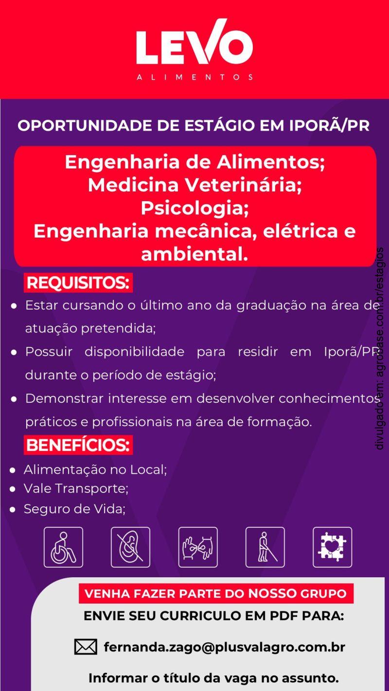 Estágio em eng. de alimentos, med. veterinária, psicologia, eng. mecânica, elétrica e ambiental – Iporã/PR