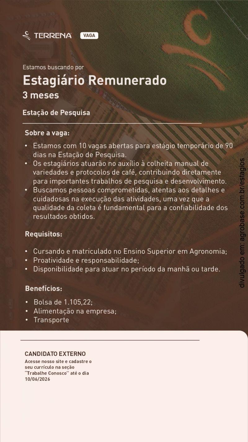 10 vagas de estágio remunerado [estação de pesquisa] – Patos de Minas/MG