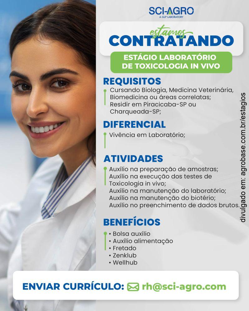 Estágio laboratório de toxicologia in vivo – Piracicaba ou Charqueada/SP