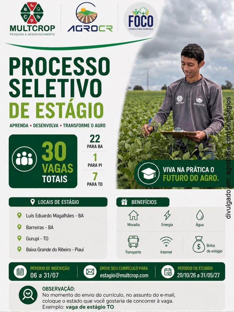 30 vagas de estágio agronomia – Luís Eduardo Magalhães/BA, Barreiras/BA, Gurupi/TO, Baixa Grande do Ribeiro/PI