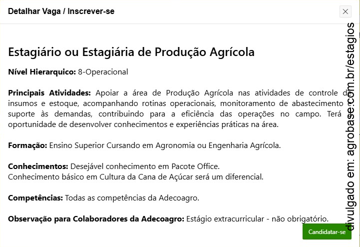 Estagiário(a) de produção agrícola – Monte Belo/MG