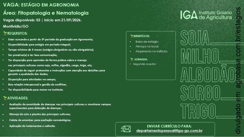 03 vagas de estágio em fitopatologia e nematologia – Montividiu/GO