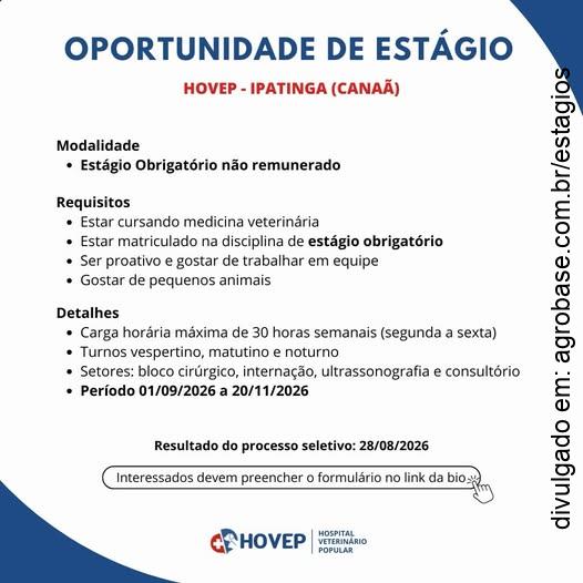 Estágio obrigatório em medicina veterinária – Ipatinga/MG