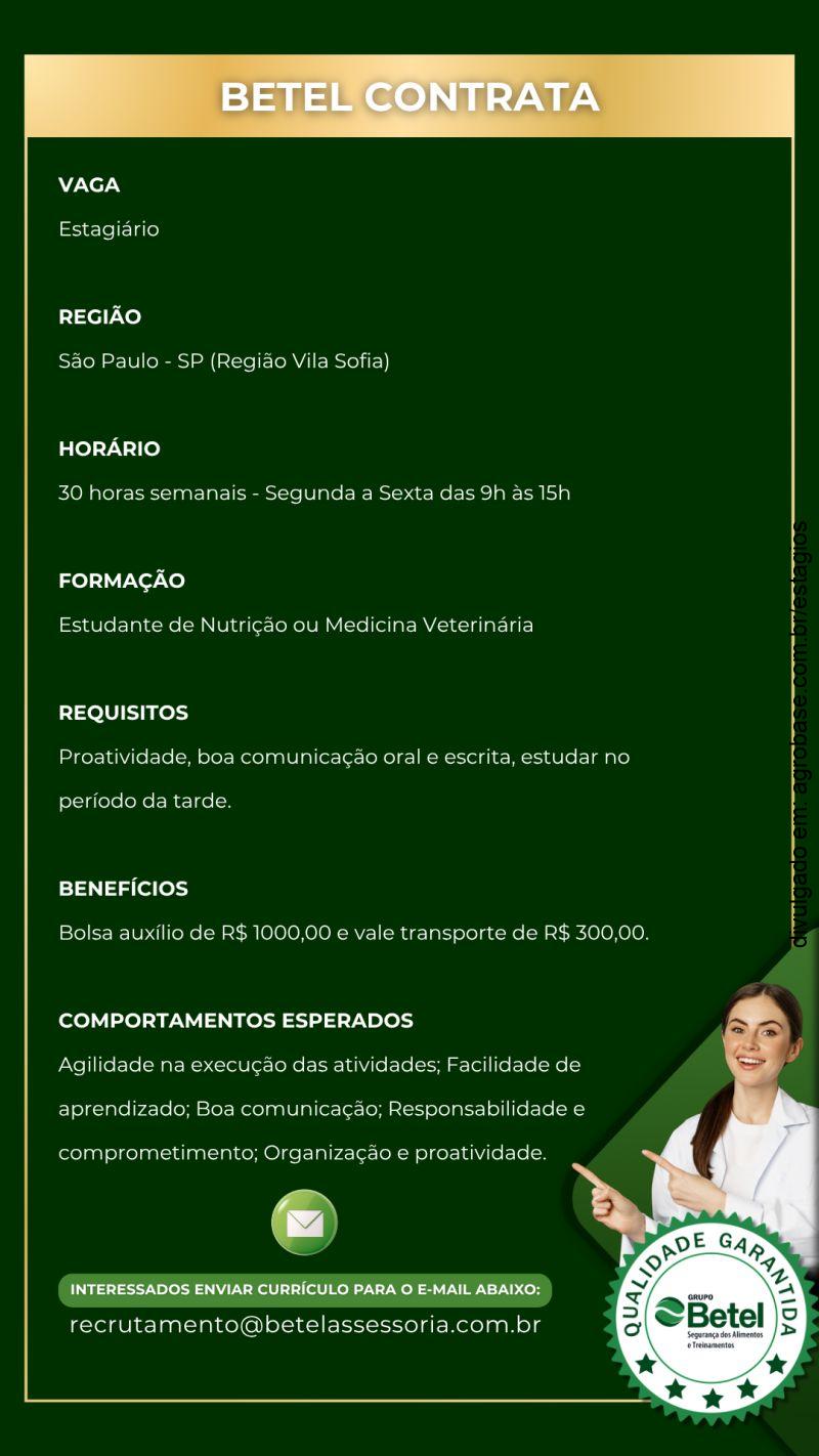 Estágio em nutrição ou medicina veterinária – São Paulo/SP [Vila Sofia]