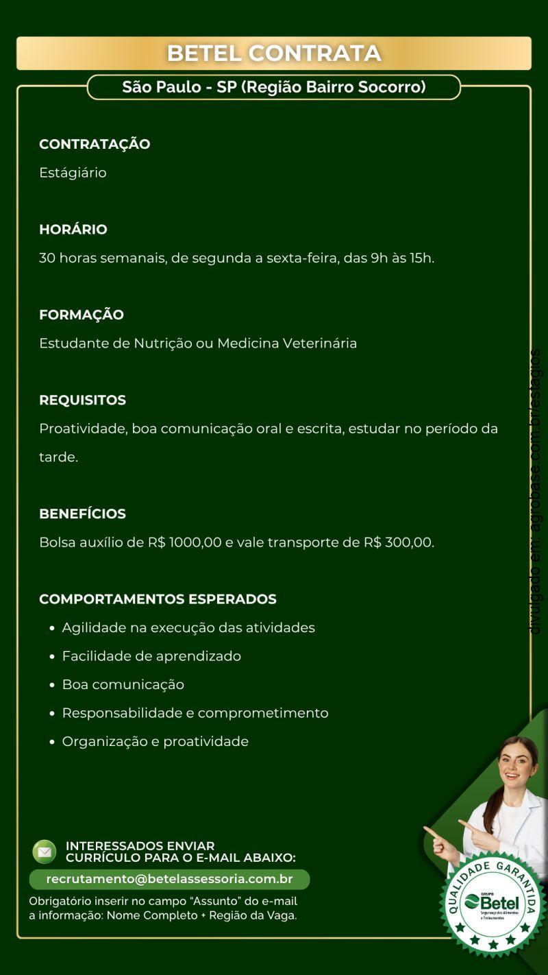 Estágio estudantes de nutrição ou medicina veterinária – São Paulo/SP [Bairro Socorro]