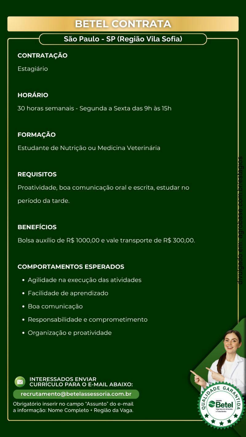 Estágio estudantes de nutrição ou medicina veterinária – São Paulo/SP [Vila Sofia]