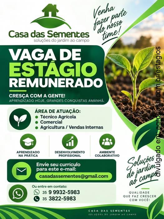 Estágio remunerado técnico agrícola, comercial, agricultura e vendas internas – Lavras/MG